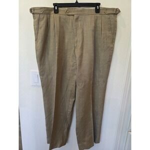 Paul Frederick Wool Silk Blend Pleated Pants Sz 44 Tan Herringbone Buckle Detail
